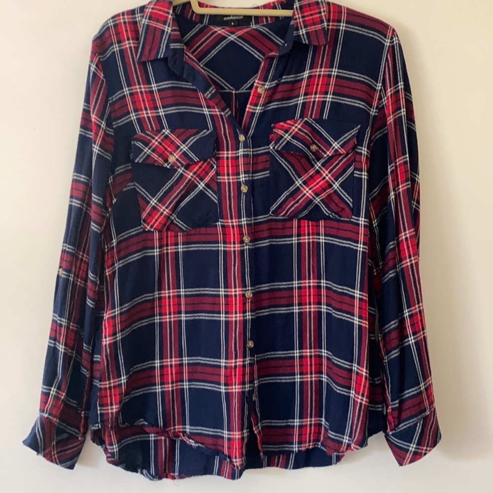 Blue and red plaid long sleeve button up, 51% cotton 49% rayon